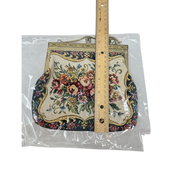 Floral Petit Point Tapestry Evening Clutch Bag Chain Handle Kiss Lock Vintage - Picture 9 of 9